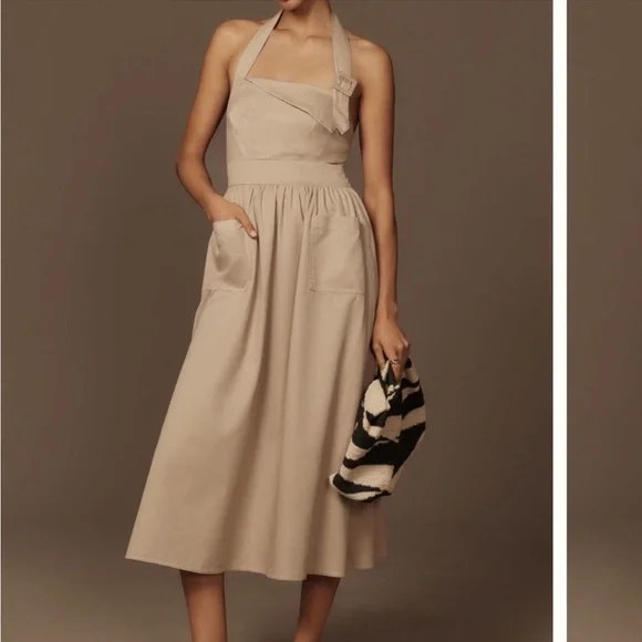 Anthropologie By Anthropologie Halter Utility Midi Dress Cream Tan Size M NEW - Picture 2 of 10